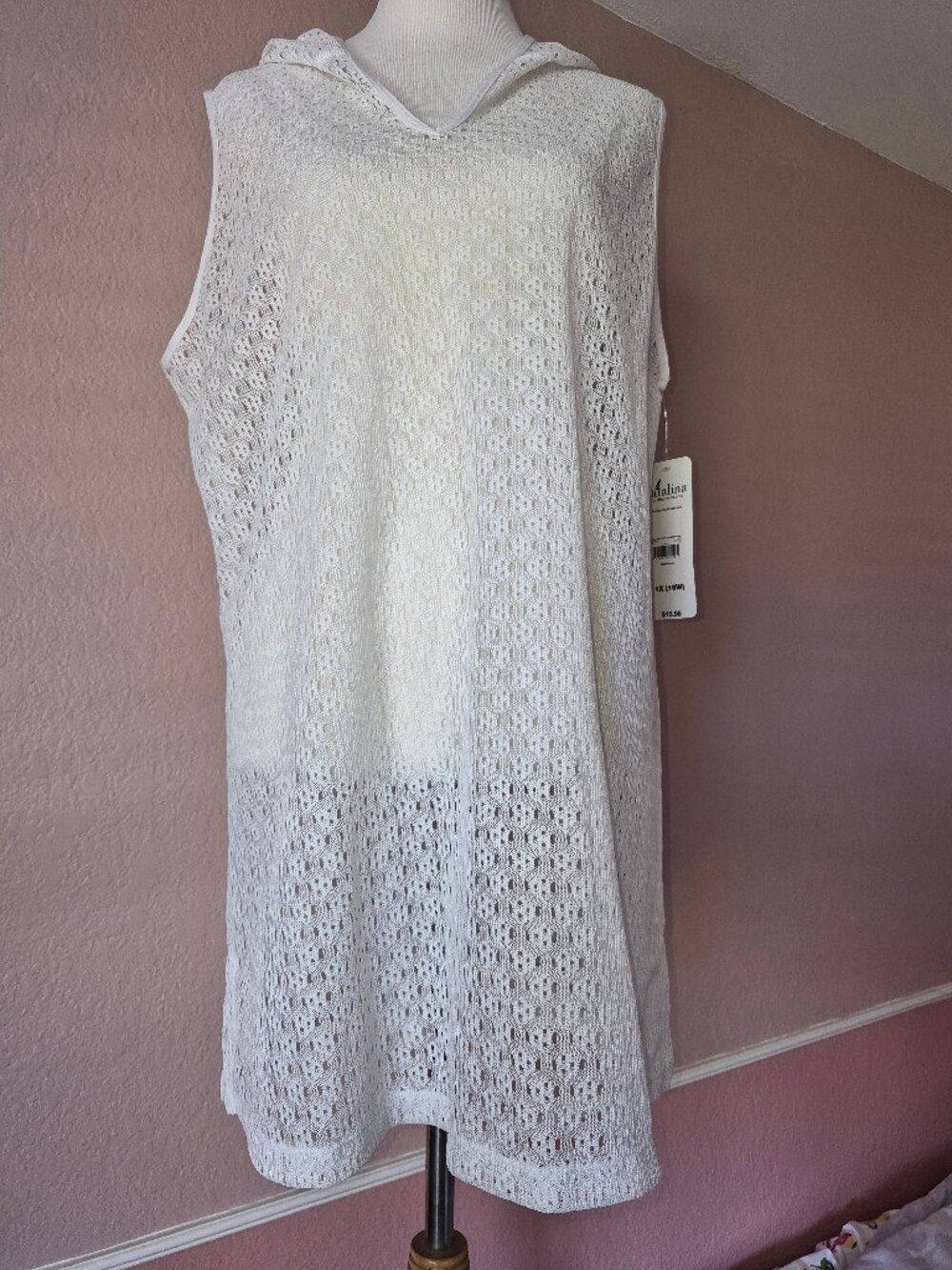 Catalina Women’s White Sleeveless Mesh Hooded Swim Cover Up Size 1X 16W NEW